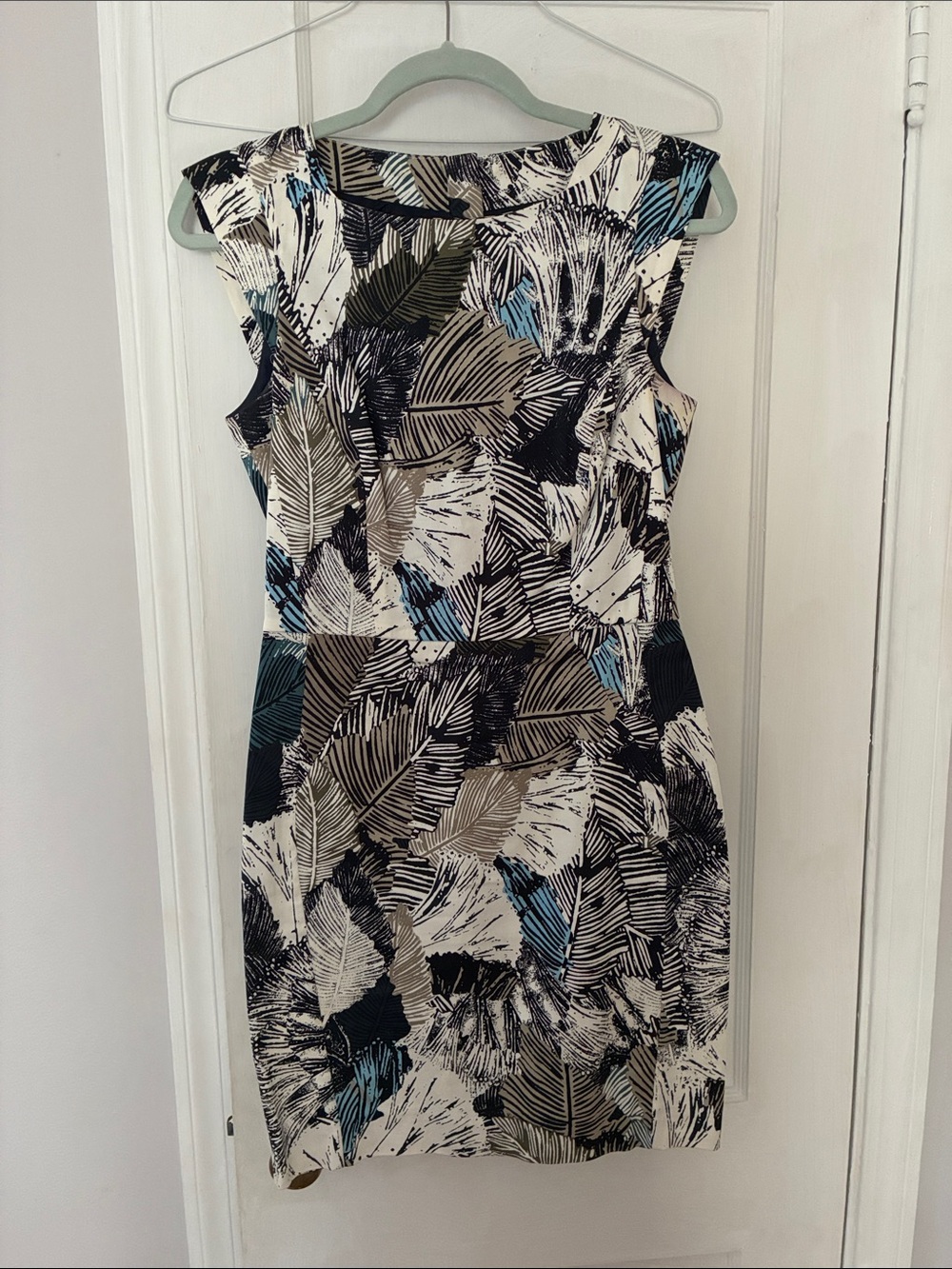 French Connection White Leaf-Print Midi Dress with Black, Tan & Blue Accents